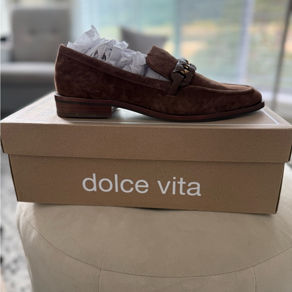 Dolce Vita Brown Suede Loafers with Chain Accent